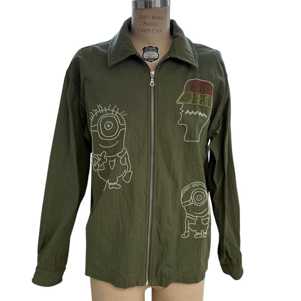 Brain Dead x Minions Green Beaded Jacket Mens Size Large Full Zip